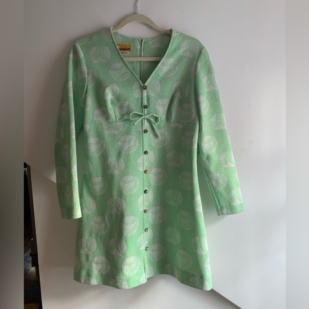 Mint Green Vintage Long Sleeve Dress with Bow